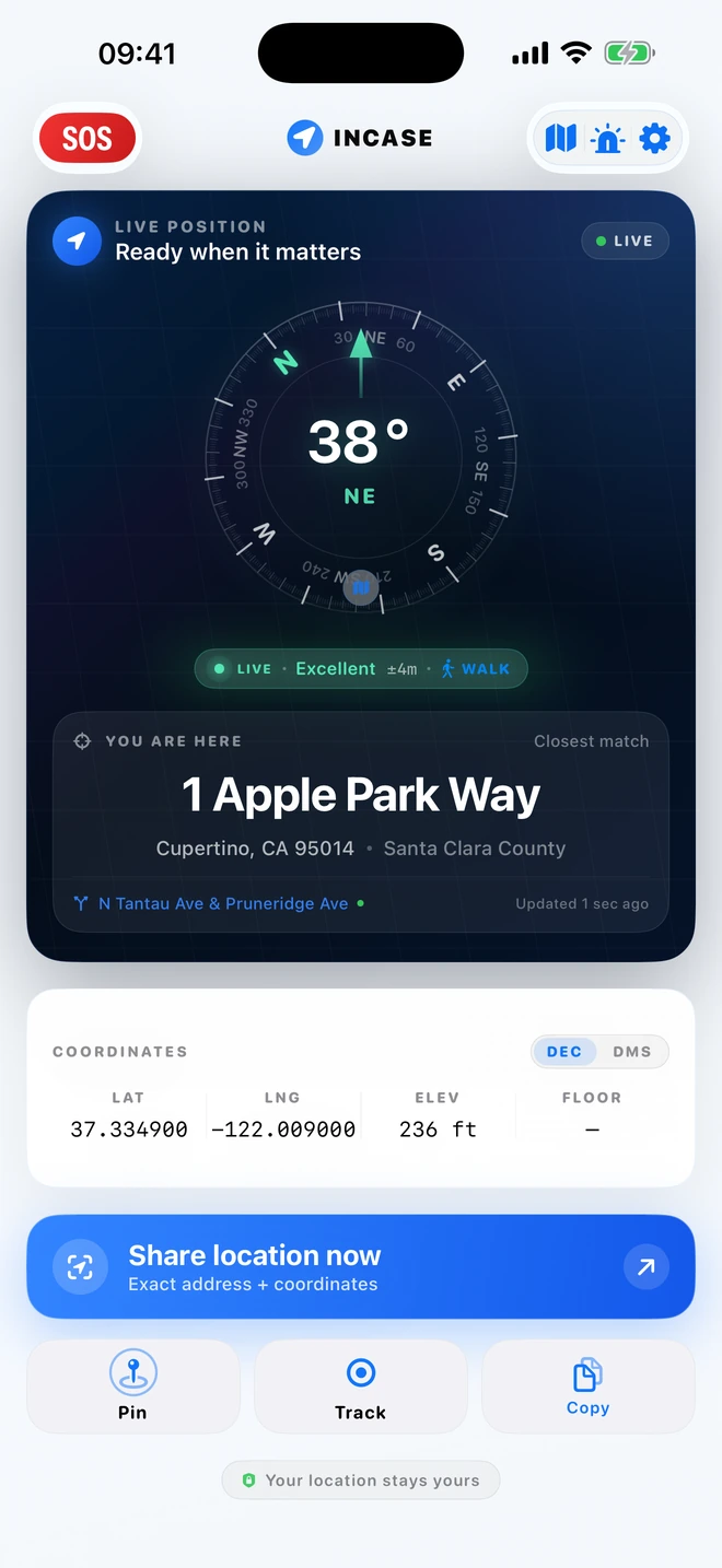 Incase showing a live address, coordinates, compass, and share location action