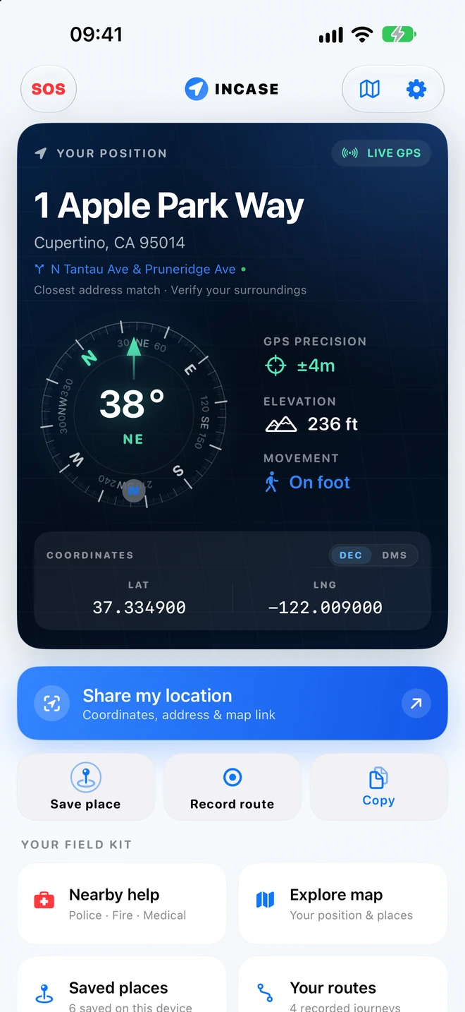 Incase 1.3 preview showing location freshness, address, coordinates, compass, and share location action