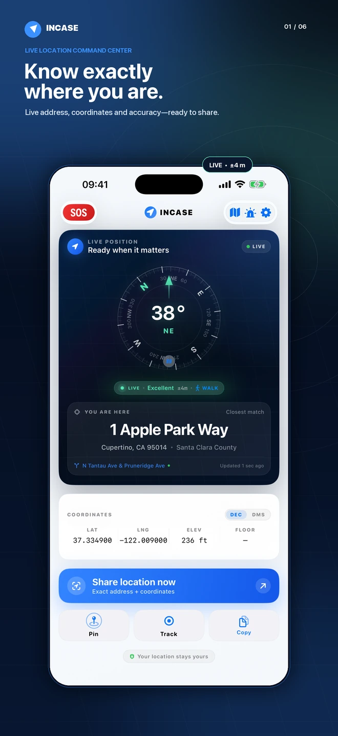 Know exactly where you are with a real-time GPS compass and closest address