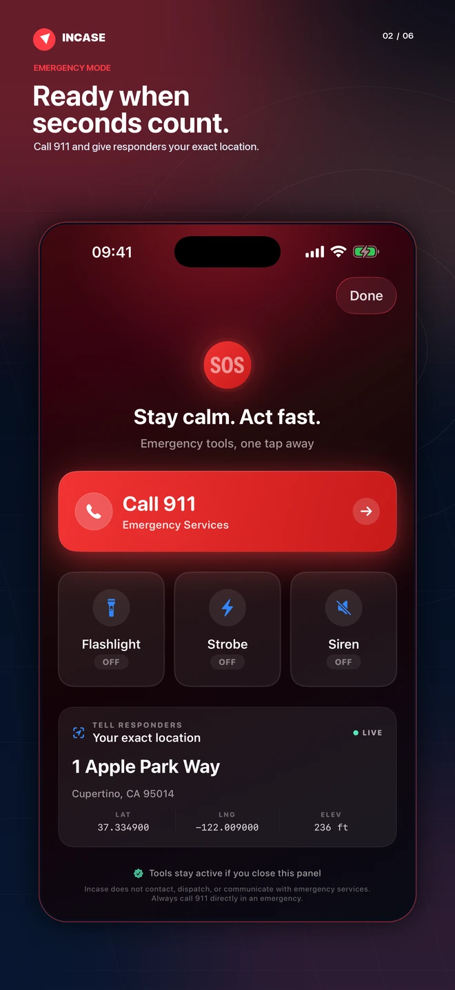 Emergency mode with one-tap 911 calling, safety tools, and exact location for responders