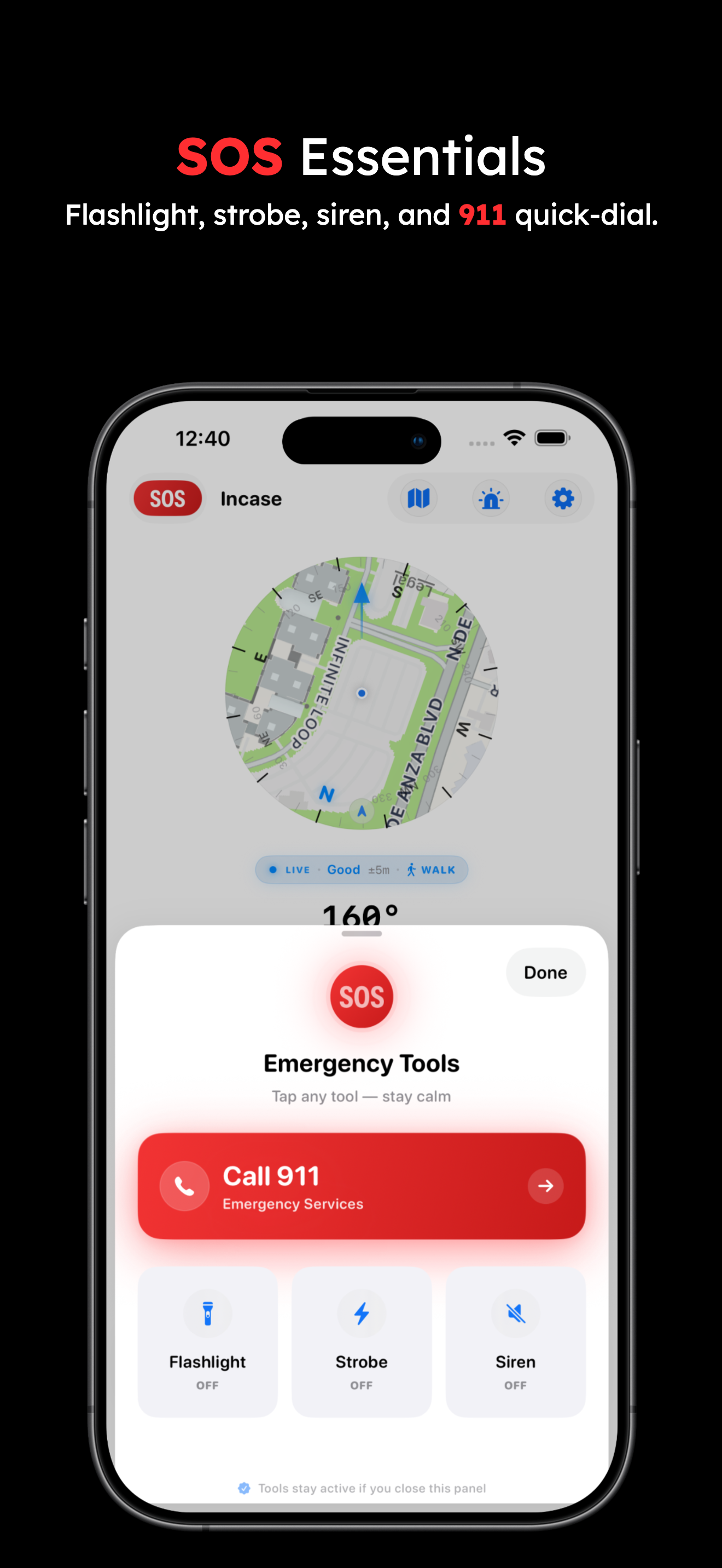 SOS Essentials — one-tap 911 call, flashlight, strobe, and siren