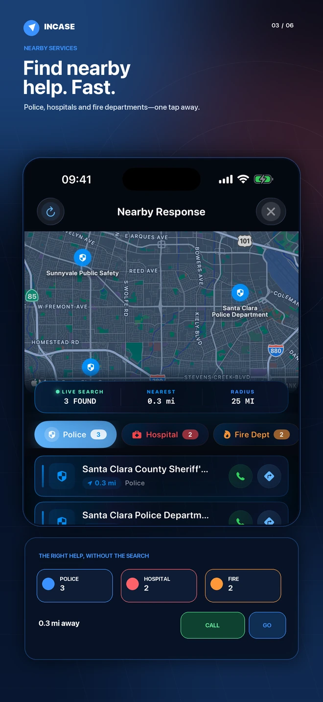 Find nearby police, hospitals, and fire departments with one-tap calling and directions