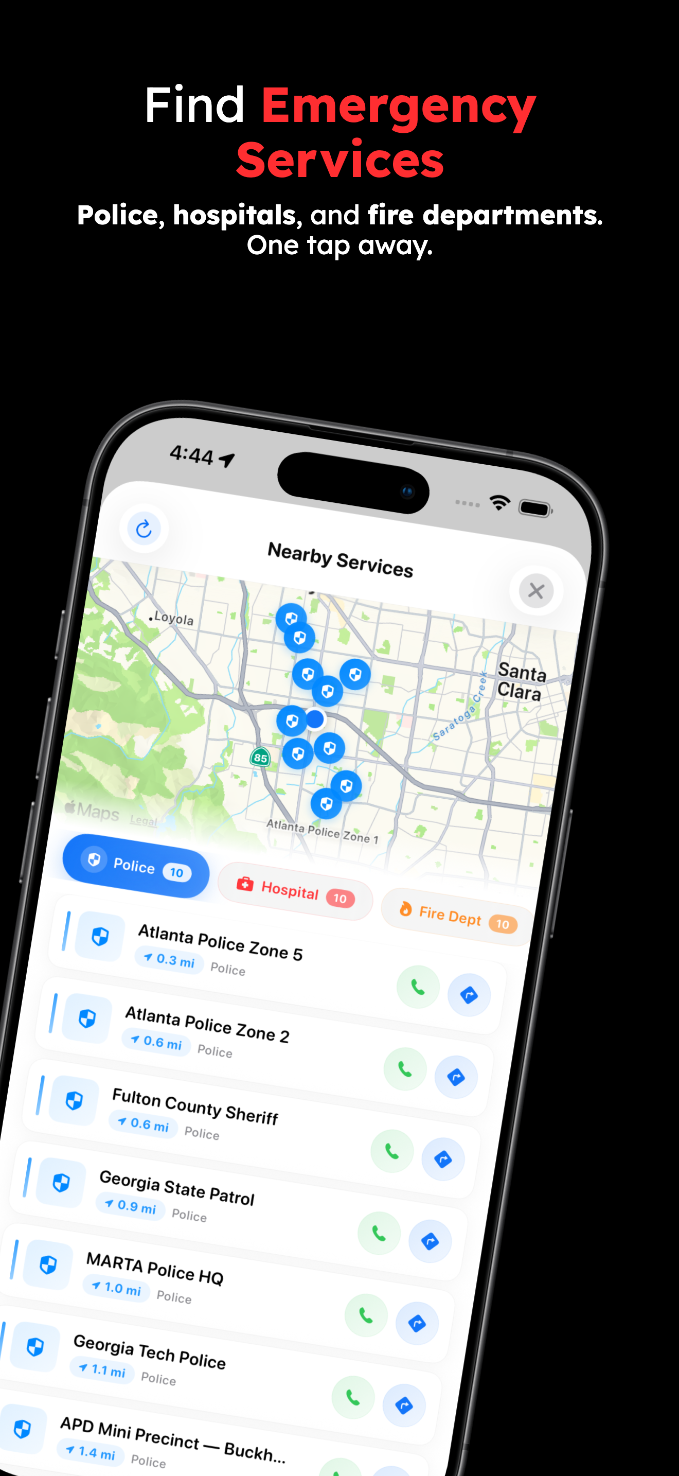 Find Emergency Services — police, hospitals, and fire departments nearby