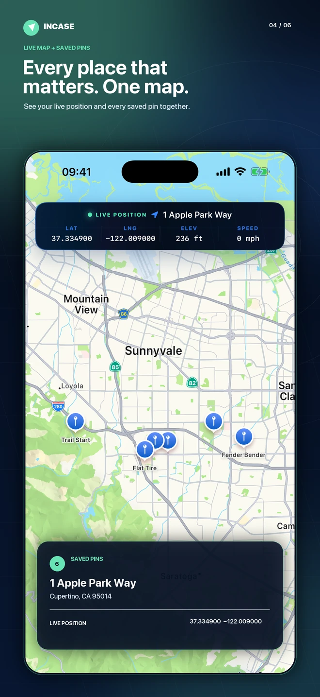 See your live position and every saved pin together on one map