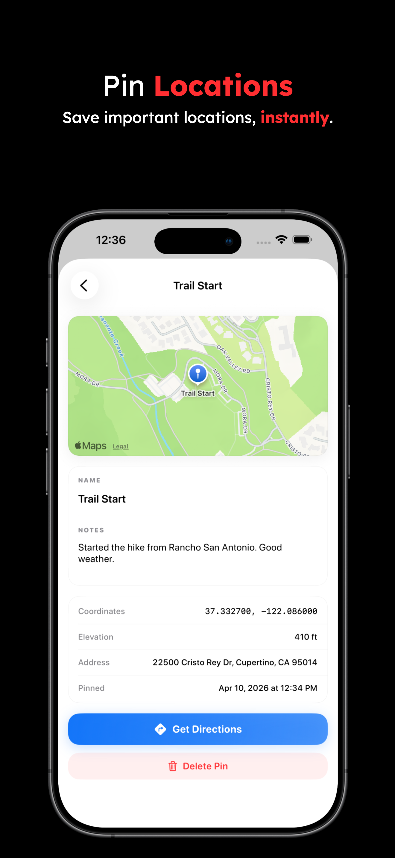 Pin Locations — save any spot with coordinates, address, and notes