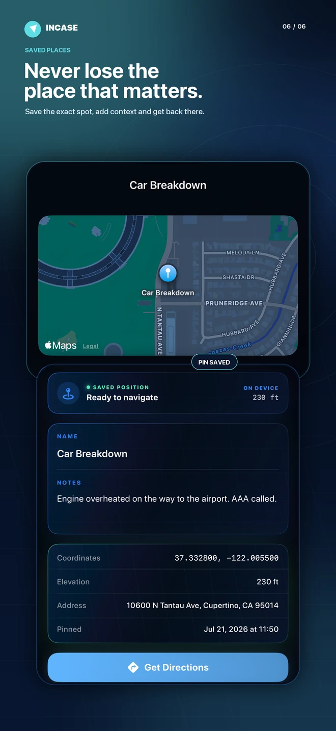 Save important locations with coordinates, address, and notes