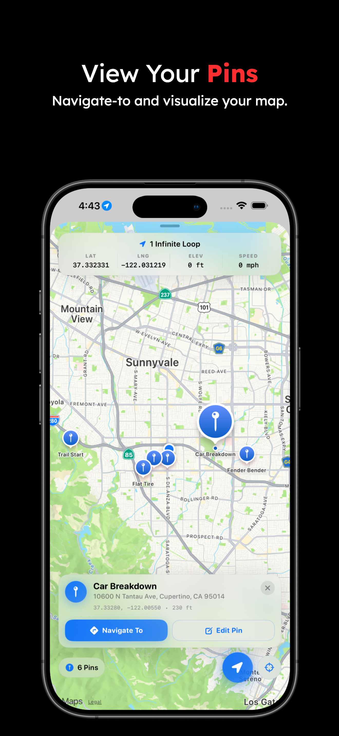 View Your Pins — navigate to saved locations on a full-screen map